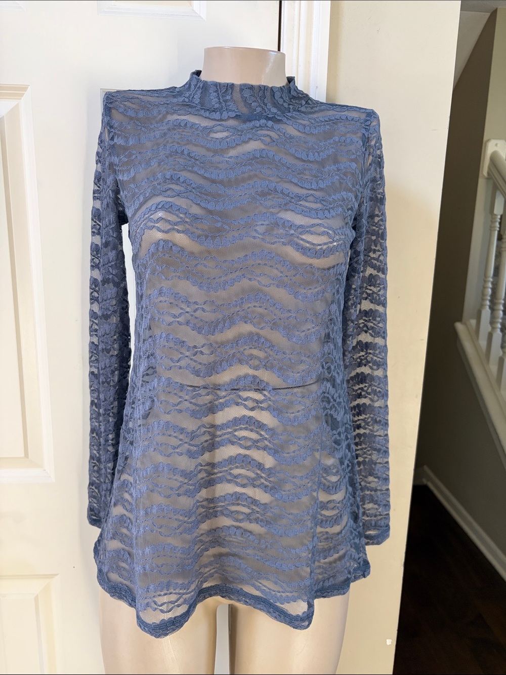 LOGO Layers by Lori Goldstein Dusty Blue Sheer Lace Mock-Neck Top, small